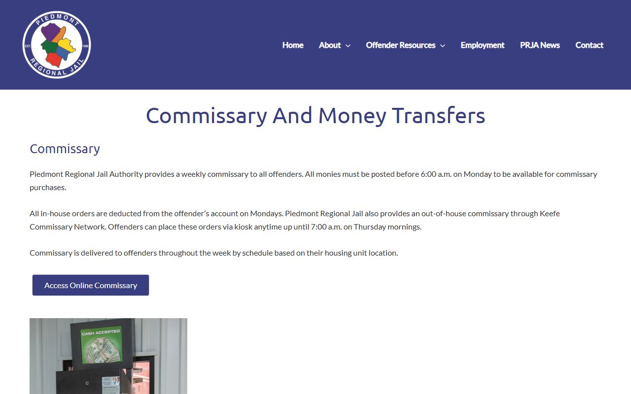 Piedmont Regional Jail commissary and money transfer details
