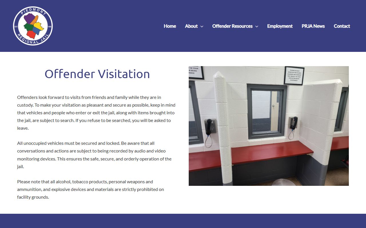 Piedmont Regional Jail visitation rules and schedule