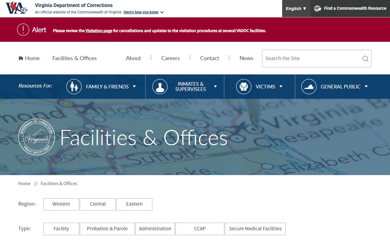 VADOC facility directory listing Nottoway Correctional Center and Nottoway Work Center