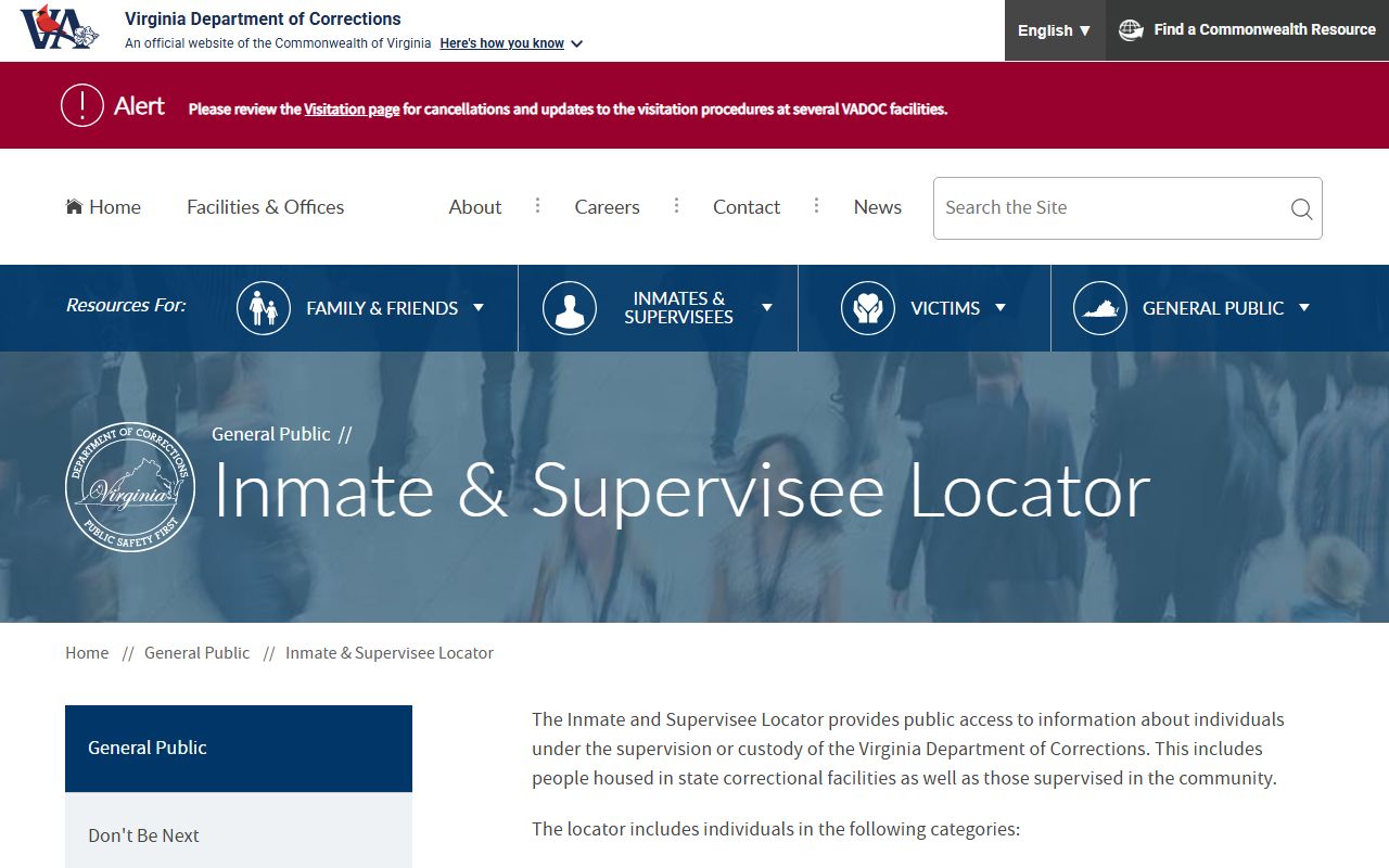 VADOC inmate and supervisee locator search page